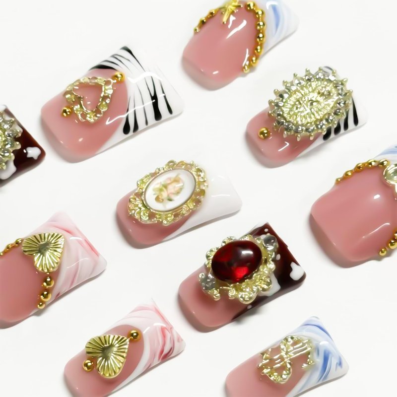10 Pcs Duck Press on Nails Medium Fake Nails Sea Waves Pink French Tip Handmade False Nails with Glue, with 3D Golden Heart Design Artificial Acrylic Stick on Nails for Women（M）