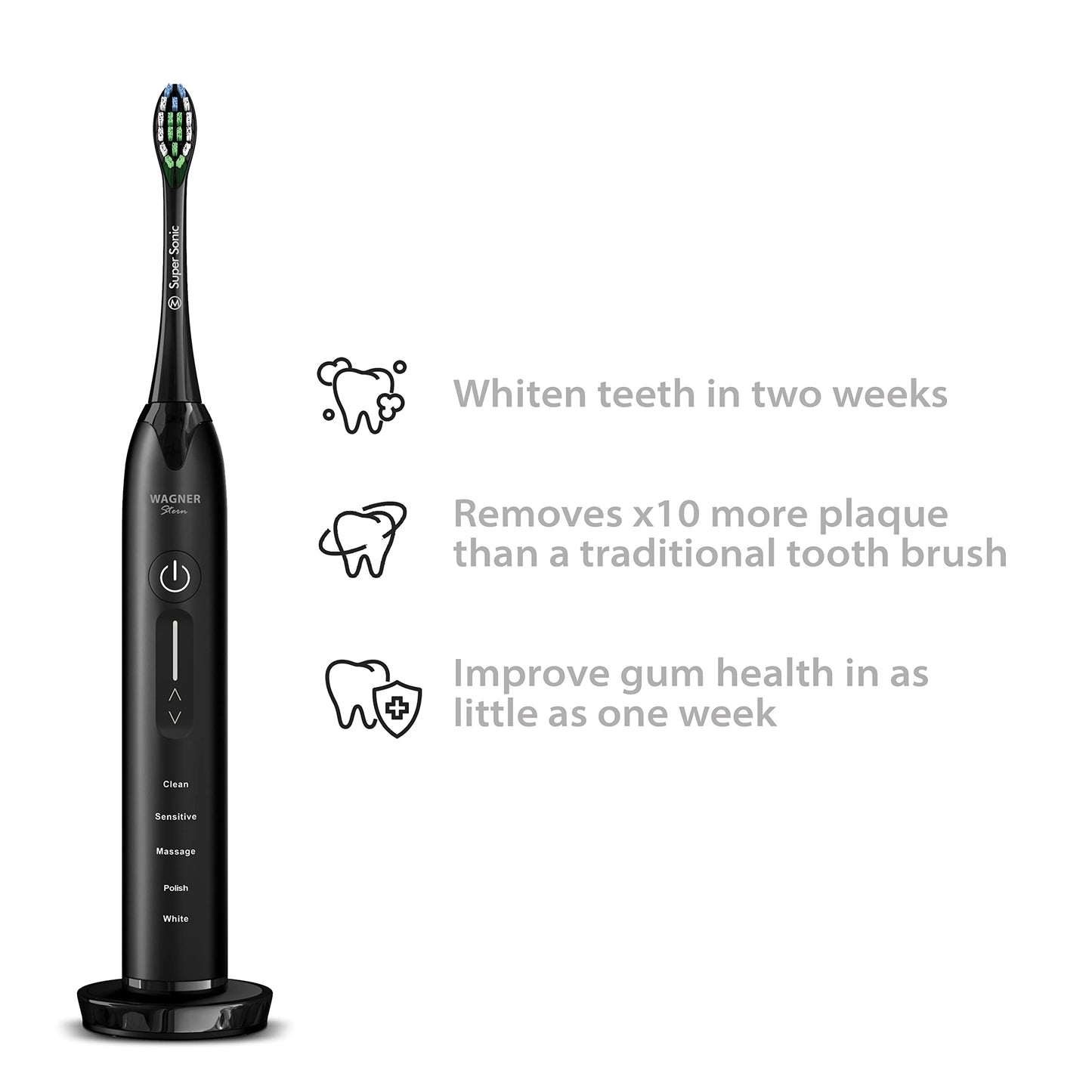 Wagner Stern Ultrasonic whitening Toothbrush with Pressure Sensor. 5 Brushing Modes and 4 Levels of Intensity, 8 Soft bristles, Travel case.