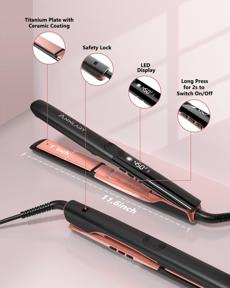 Annlary Hair Straightener 1 Inch Flat Iron and Curler 2 in 1 Titanium Ceramic Ionic Dual Voltage Straightener with Heat-Resistant Silicone, for Less Frizz, Shinier & Smoother
