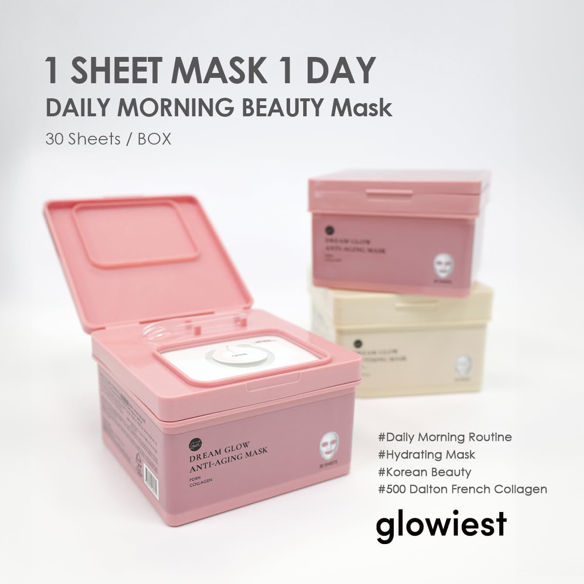 glowiest Dream Glow Slow Aging Sheet Mask(30sheets) | PDRN + 500Da French Collagen | Niacinamide, Peptides, Hyaluronic Acids | Firming & Hydrating Face Mask | Korean Skincare