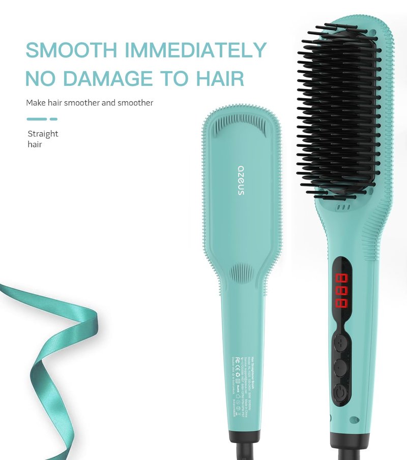 Azeus Ionic Hair Straightener Brush, Adjustable 30s Fast MCH Ceramic Heating Hair Straightening Brush with Anti Scald Feature, Frizz-Free Shine & Hair Repair (Turquoise Blue)