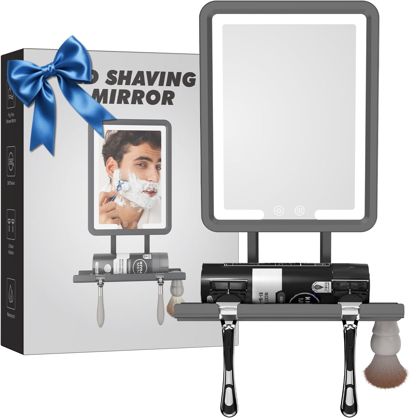 Heated Shower Mirror - Fogless 360° Adjustable Shaving Mirror with Light | Rechargeable with Storage Tray & Razor Holders