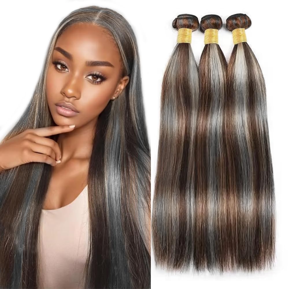 Giginger Bundles Human Hair 300g P4/GREY 12 14 16 inch Straight Wave Human Hair Bundles Highlight Chocolate Grey Unprocessed Quick Weave Soft Sewn In Hair Extensions for Black Women
