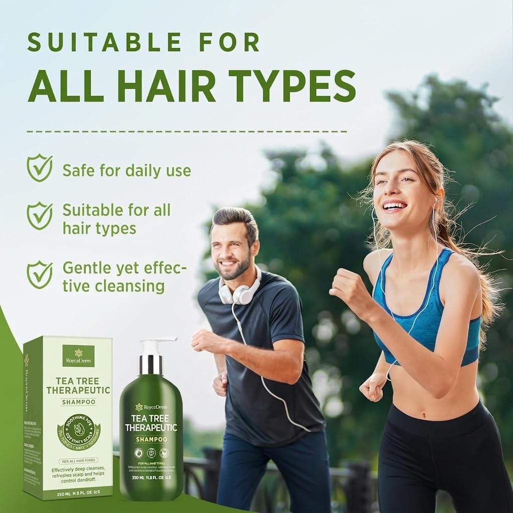 Roycederm Tea Tree Shampoo, Anti-Dandruff Clarifying Scalp Care for Dry, Itchy & Flaky Scalp, Helps Control Dandruff, Flaking & Scaling, For All Hair Types, Paraben Free & Sulfate Free, 2 Pack