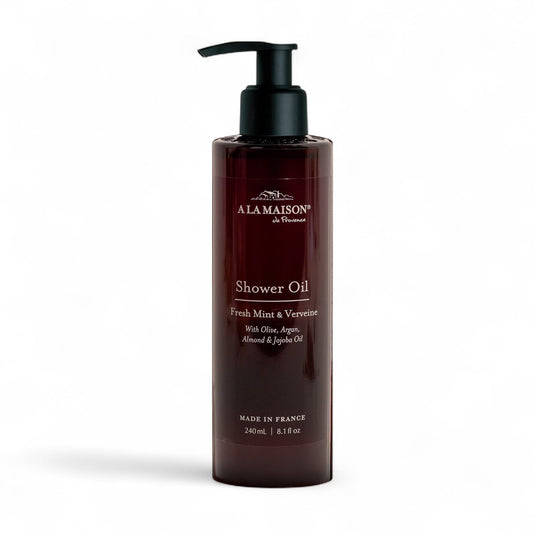A LA MAISON Cleansing Shower Oil – Hydrating Body Wash Alternative with Olive, Argan & Jojoba Oils – Plant-Based, Biodegradable, Made in France – 8.1 fl oz – Amber Collection (Fresh Mint & Verveine)