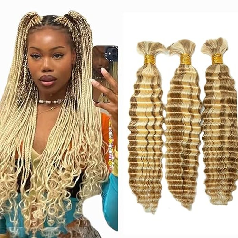 P27/613 Blonde Human Braiding Hair Deep Wave Bulk 28 28 28 Inch Human Hair Weave 3 Bundle Unprocessed Brazilian Virgin Hair Highlight Blonde Deep Wave Braiding Hair Extensions 50 Grams/Bundle