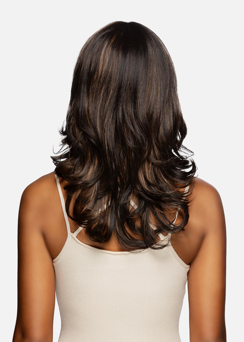 Vivica A. Fox BRIE-V, Futura Synthetic Heat Resistant Fiber, Pure Comfort Cap, Straight Top Style with Layered Loose Curl Flip Full Wig (P4/27/30)