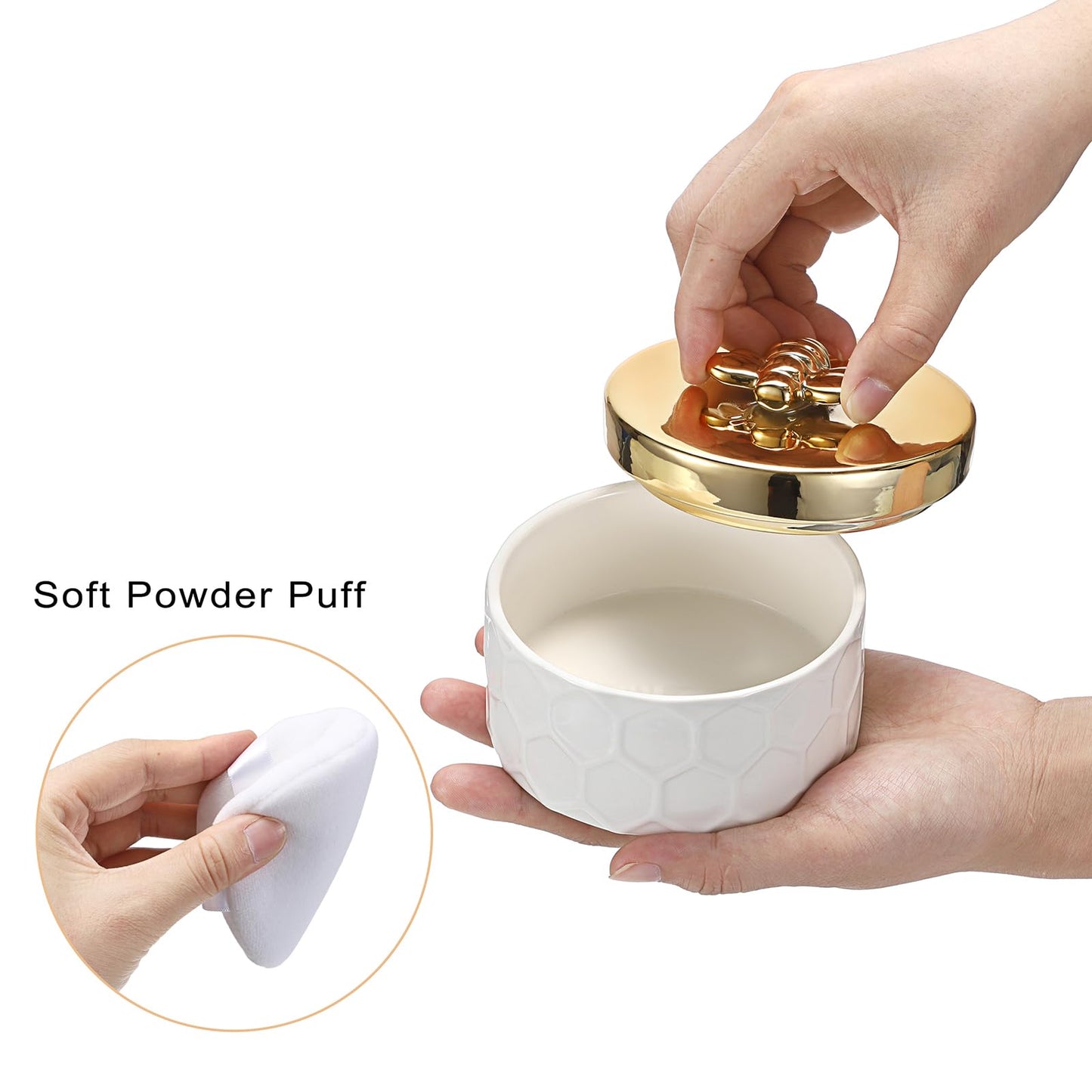 ELLDOO Body Powder Puff and Container, Ceramic Loose Dusting Powder Storage Box with 2pcs Powder Puffs for Baby Women, Jewelry Trinket Box with Golden Bee Lid