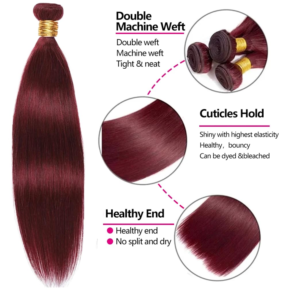 Dark Burgundy Bundles 99J Straight Human Hair 3 Bundles 14 16 18 Inch Brazilian Unprocessed Virgin Remy Burgundy Bundle Hair Extensions 150g