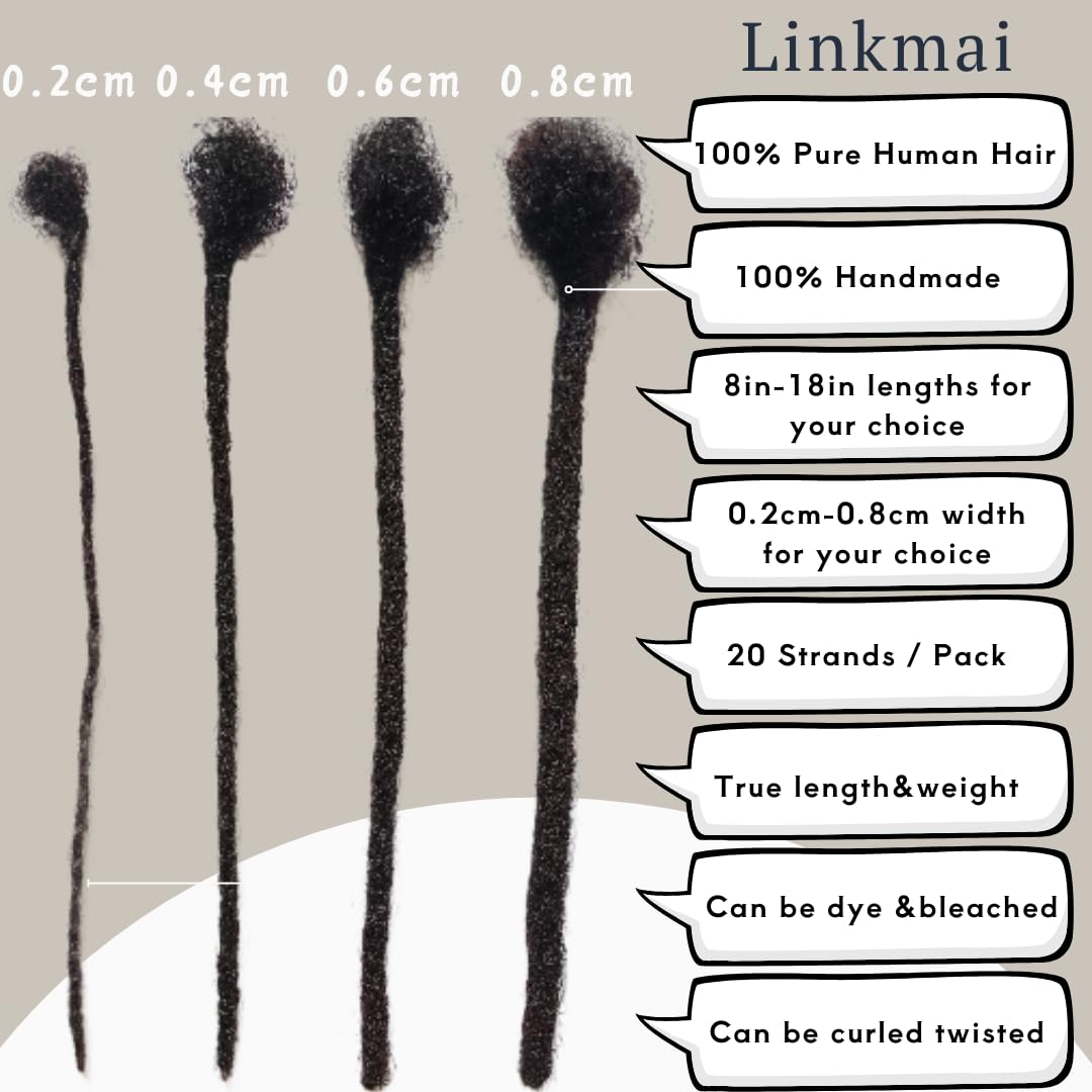 LinkMai 0.2-0.8cm Locs 8-18 I nch 20 Strands 100% Real Human Hair Dreadlock Extensions for Man/Women Permanent Loc Extensions Bundles Can Be Dyed Bleached Curled & Twisted (0.8CM, 1B, 8 INCH)