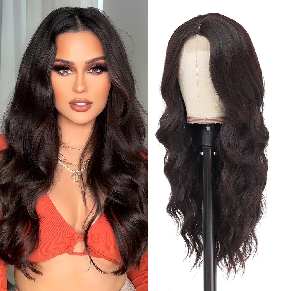 HMHIFI Long Brown Wig for Women 26Inch Wavy Curly Dark Brunette Hair Wigs Synthetic Hair Replacement Heat Resistant Hair Wig for Daily Party Use