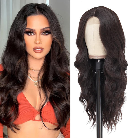 HMHIFI Long Brown Wig for Women 26Inch Wavy Curly Dark Brunette Hair Wigs Synthetic Hair Replacement Heat Resistant Hair Wig for Daily Party Use