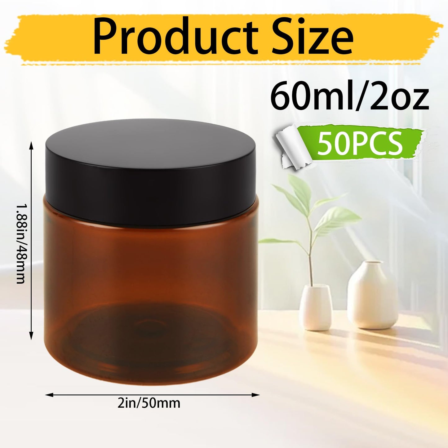 GBACHOOSE 50 Pack 2 oz Amber Plastic Jars with Lids, Round Cosmetic Jars Refillable Makeup Containers for Cream, Lotion, Powder, ointment, Beauty Products etc