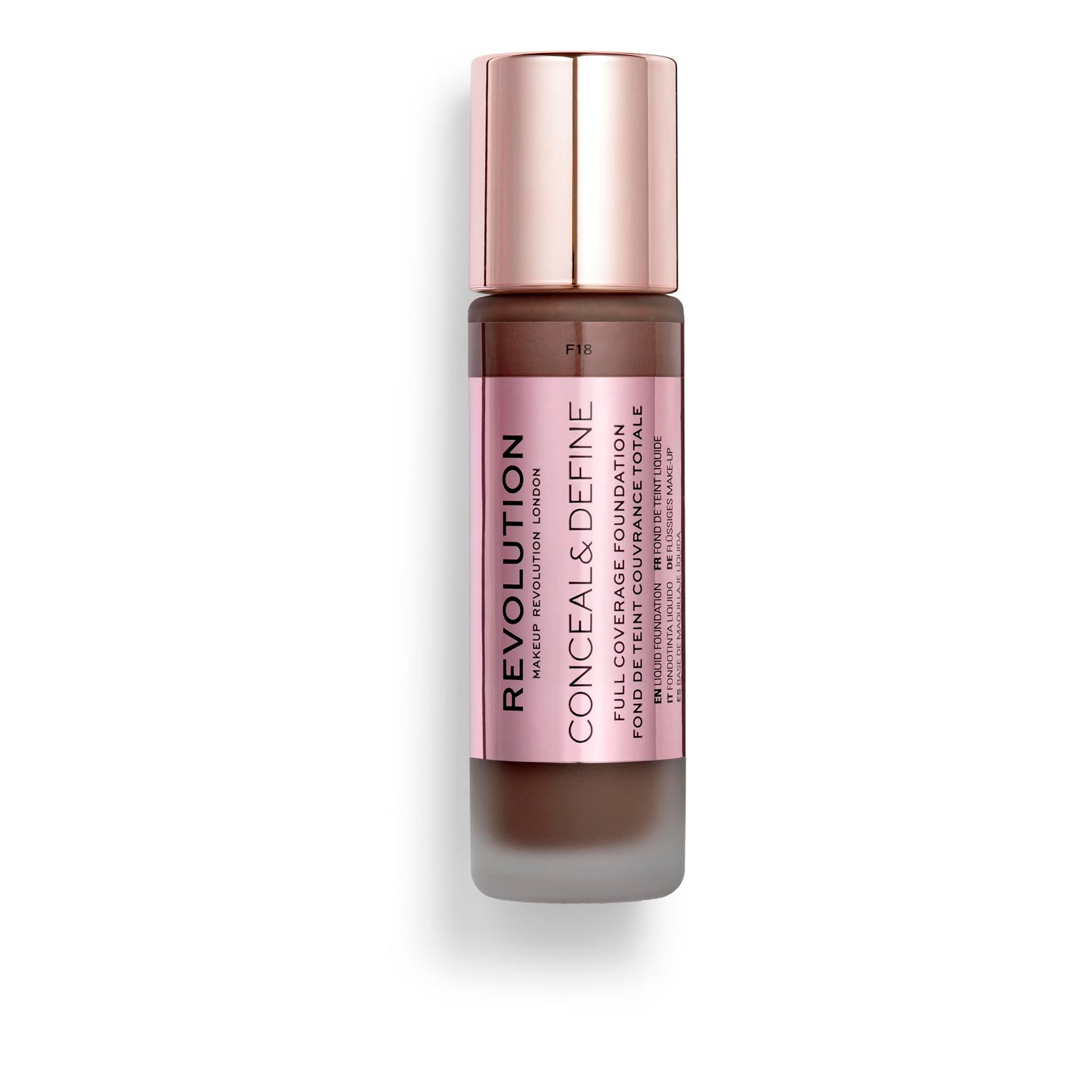 Revolution Beauty London, Conceal & Define Foundation, Full Coverage, Long-Lasting Matte Finish, Vegan & Cruelty-Free, F18 Dark Skin Tones, 0.8 fl oz