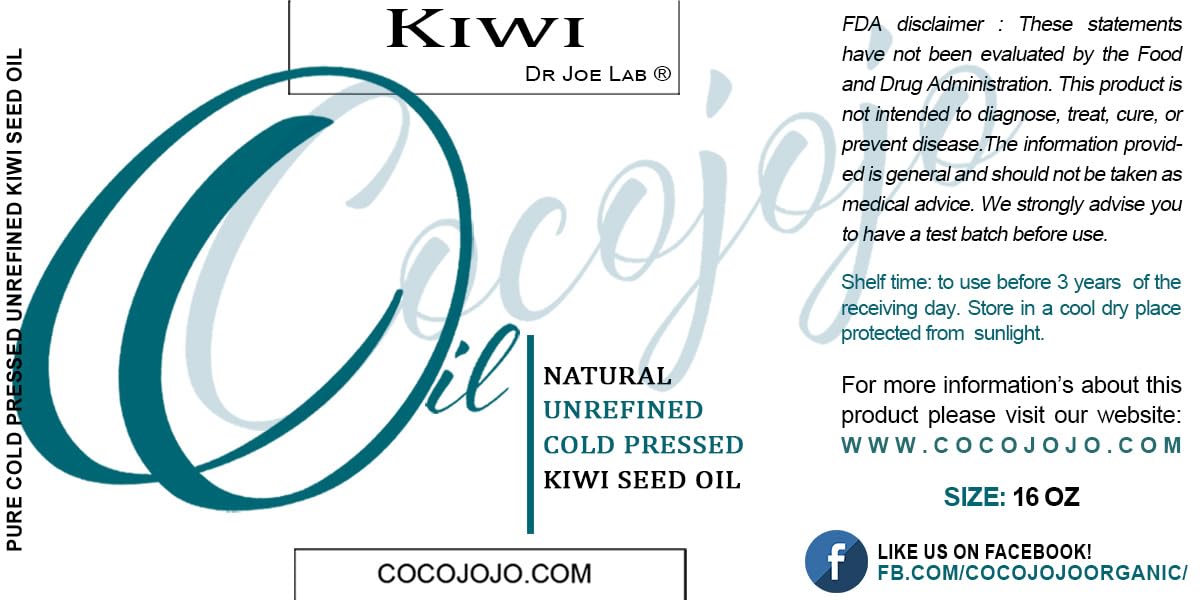 Dr Joe Lab Kiwi Seed Oil 16 oz Pure Natural Cold Pressed Unrefined Extra Virgin Kiwi Oil - for Hair Skin Body Nail and Beard - Moisturizing, Soothing, Hydrating, & Nourishing