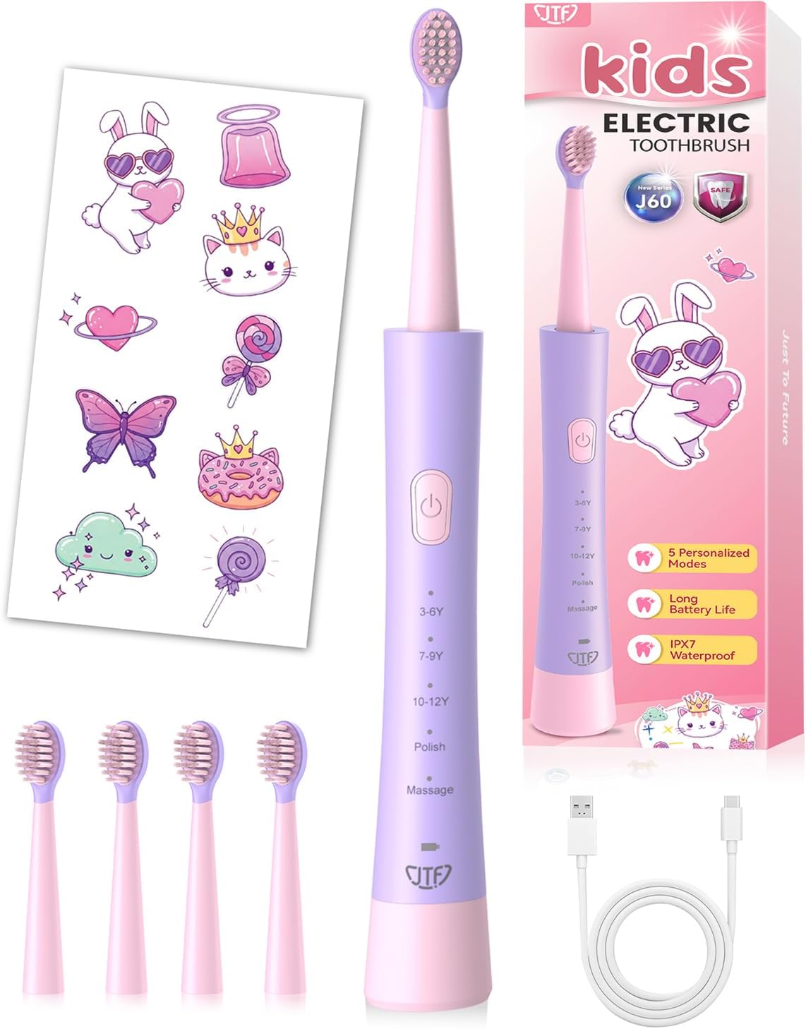 Rechargeable Electric Toothbrush for Kids | 5 Gentle Modes, Safe for Sensitive Teeth - Includes Fun DIY Stickers & 4 Soft Brush Heads