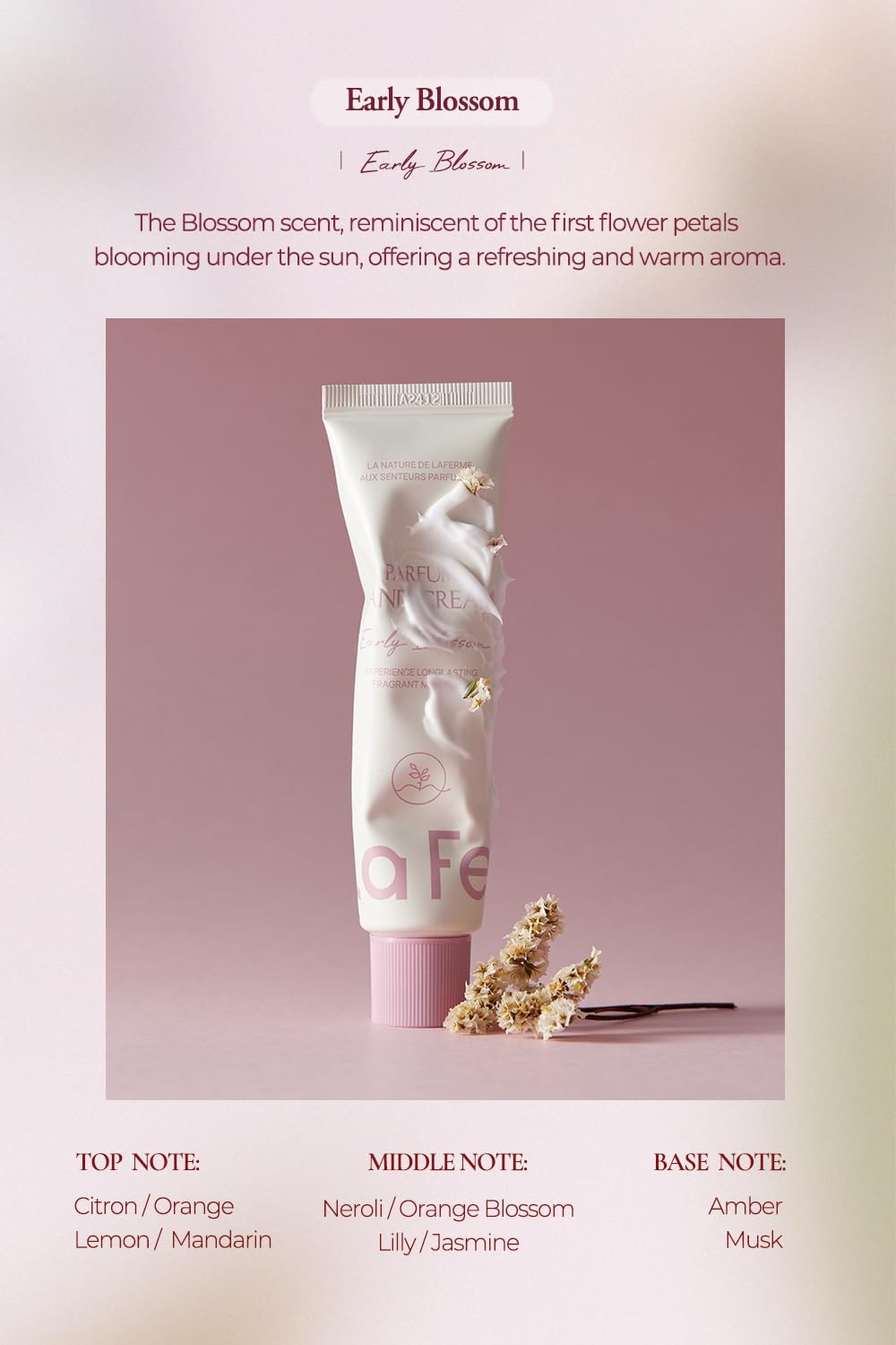 laferme Parfum Hand Cream 2.02 Fl. Oz. (Early Blossom) | Non Sticky Vegan & Travel-Sized Hand Lotion with Shea Butter | Hydrating & Nourishing for Dry Skin, Korean Skincare for Women & Men