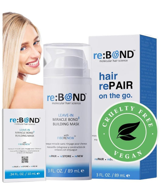 reBOND Leave-in Miracle Bond Building Hair Mask- 4 minute Repair Treatment Deep Conditioning for Bleached, Damaged, Dry, Colored or Frizzy Hair - Set includes: 3oz + .34oz