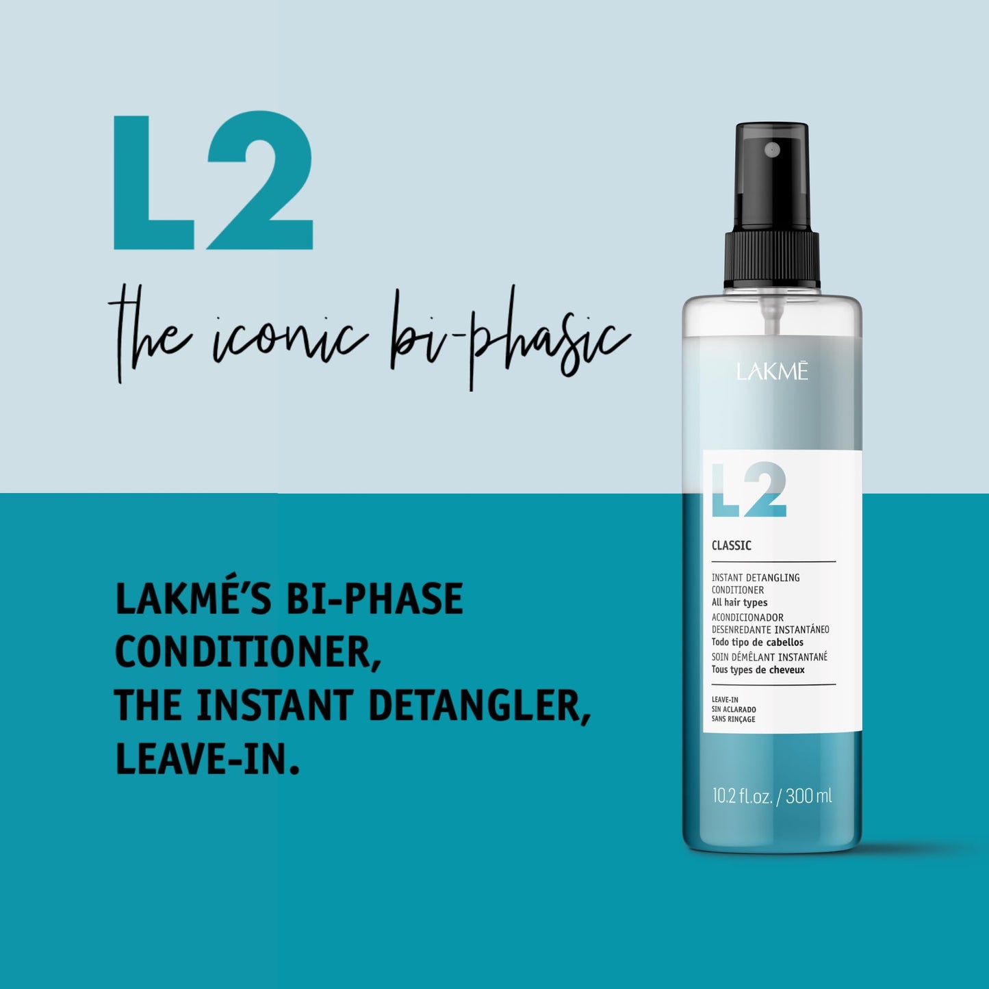 Lakmé L2 Classic Bi Phase Conditioner, Detangling Spray for Hair, Leave In Conditioner Spray For All Hair Types, 10.2 Fl Oz