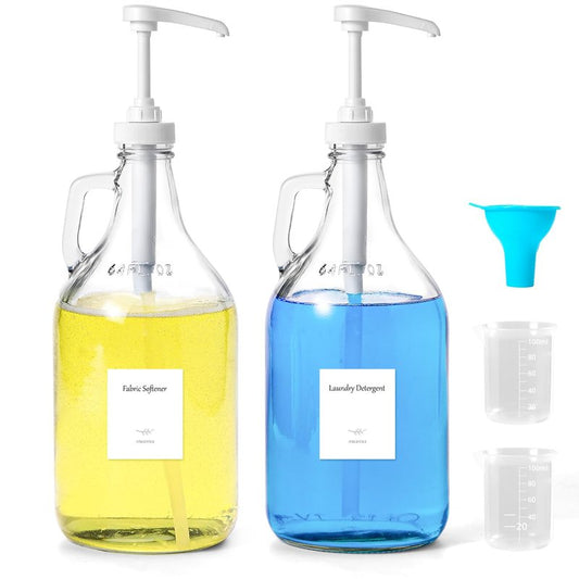 VEGEVIGI Glass Laundry Detergent Dispenser with Pump, 64OZ Liquid Laundry Soap Dispenser, Fabric Softener Dispenser Bottle for Laundry Room Organization and Storage, 2 Pack