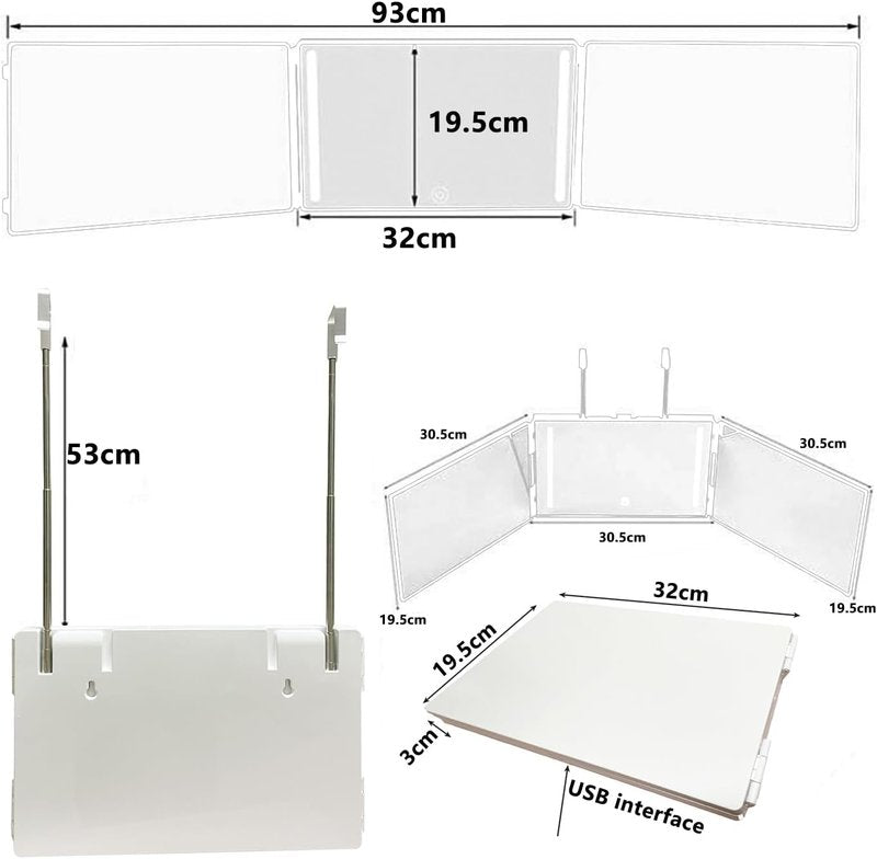 Trifold Mirror with Adjustable Height Brackets - 5X Magnification | LED Lighting for Haircuts & Makeup (White)