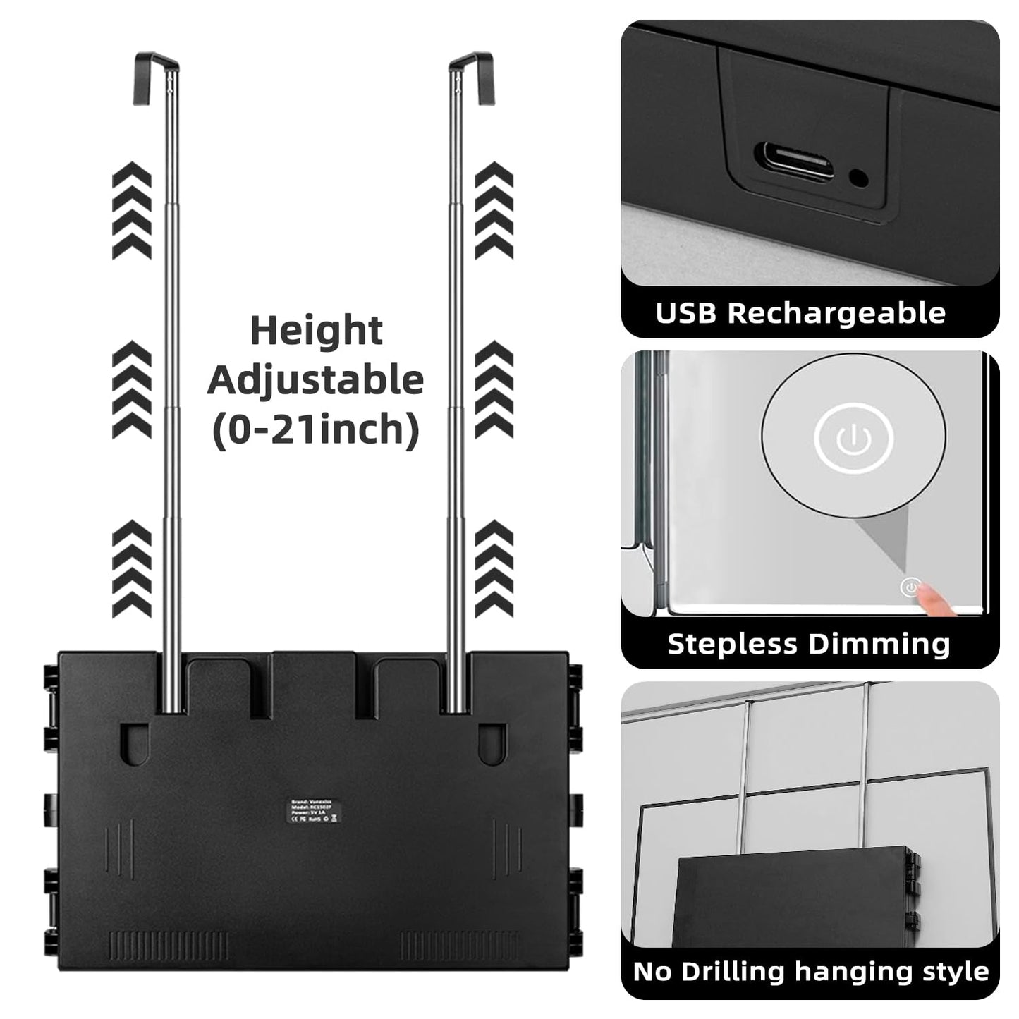 Vanexiss Rechargeable 3 Way Mirror for Self Hair Cutting-to See Back of Head, Trifold Mirror with 8 Light Strips & Telescoping Hooks for Makeup, Shaving & Styling