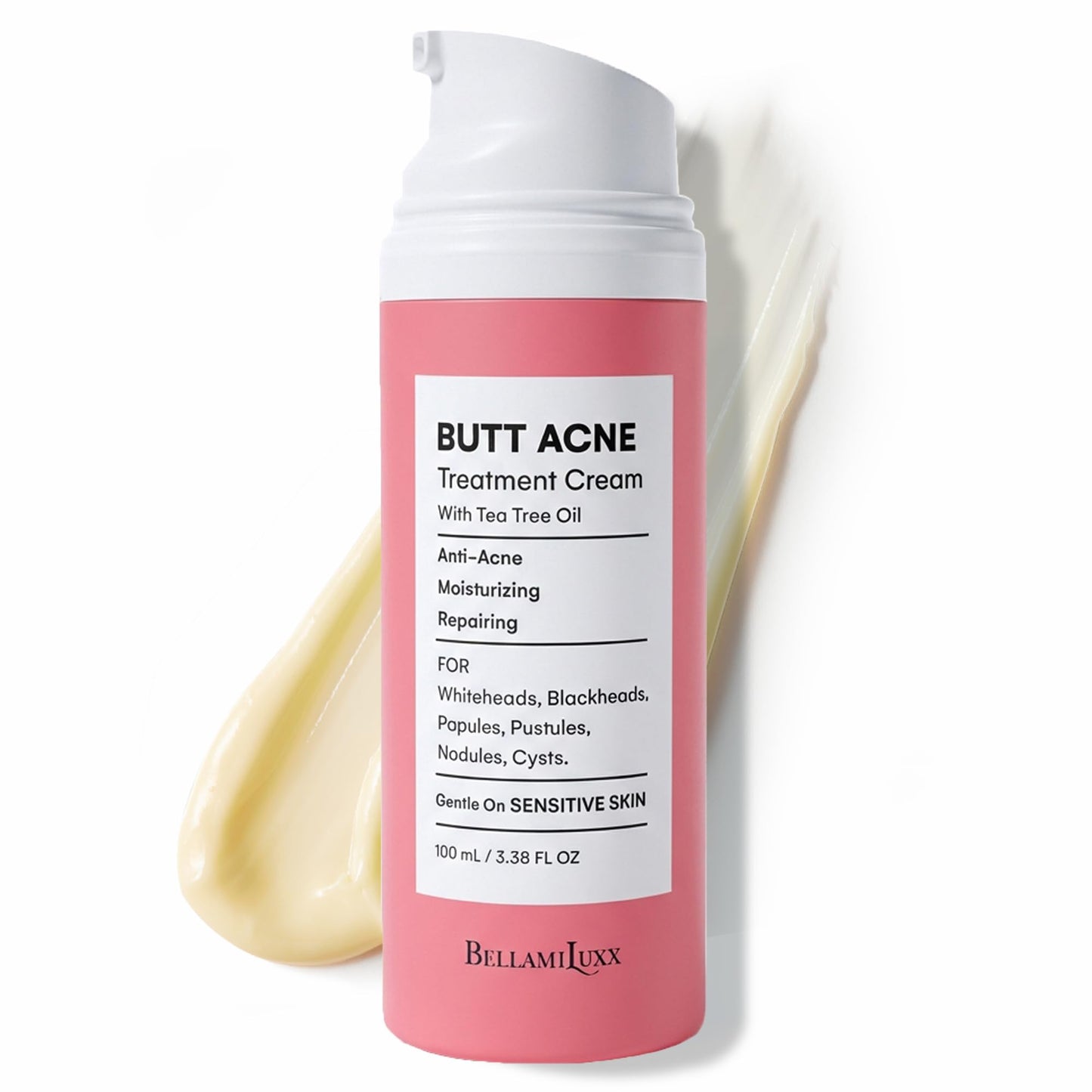 BellamiLuxx Butt Acne Clearing Treatment Lotion: 2% Salicylic Acid Body Acne Treatment for Breakouts on Buttocks & Thighs, Folliculitis, Bumps, Rough Texture - Tea Tree Oil Butt Cream for Smooth Skin