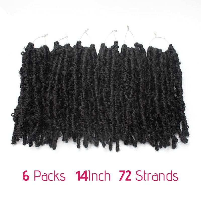 Niseyo 14 Inch Butterfly Locs Crochet Hair 6 Packs Pre Looped Handmade Black Distressed Faux Locs Crochet Braids (1B)