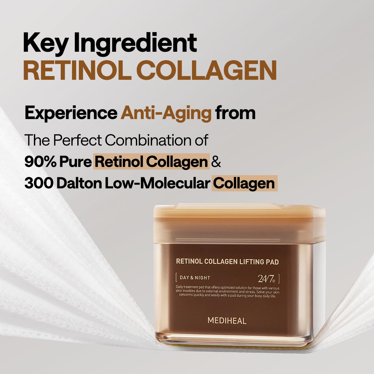 MEDIHEAL Toner Pads - Retinol Collagen Lifting Pad (100 counts) for Skin Rejuvenation & Firming - Lifting Pads for Enhancing Skin Texture - Vegan Stretchable Lifting Fabric, Korean Skin Care
