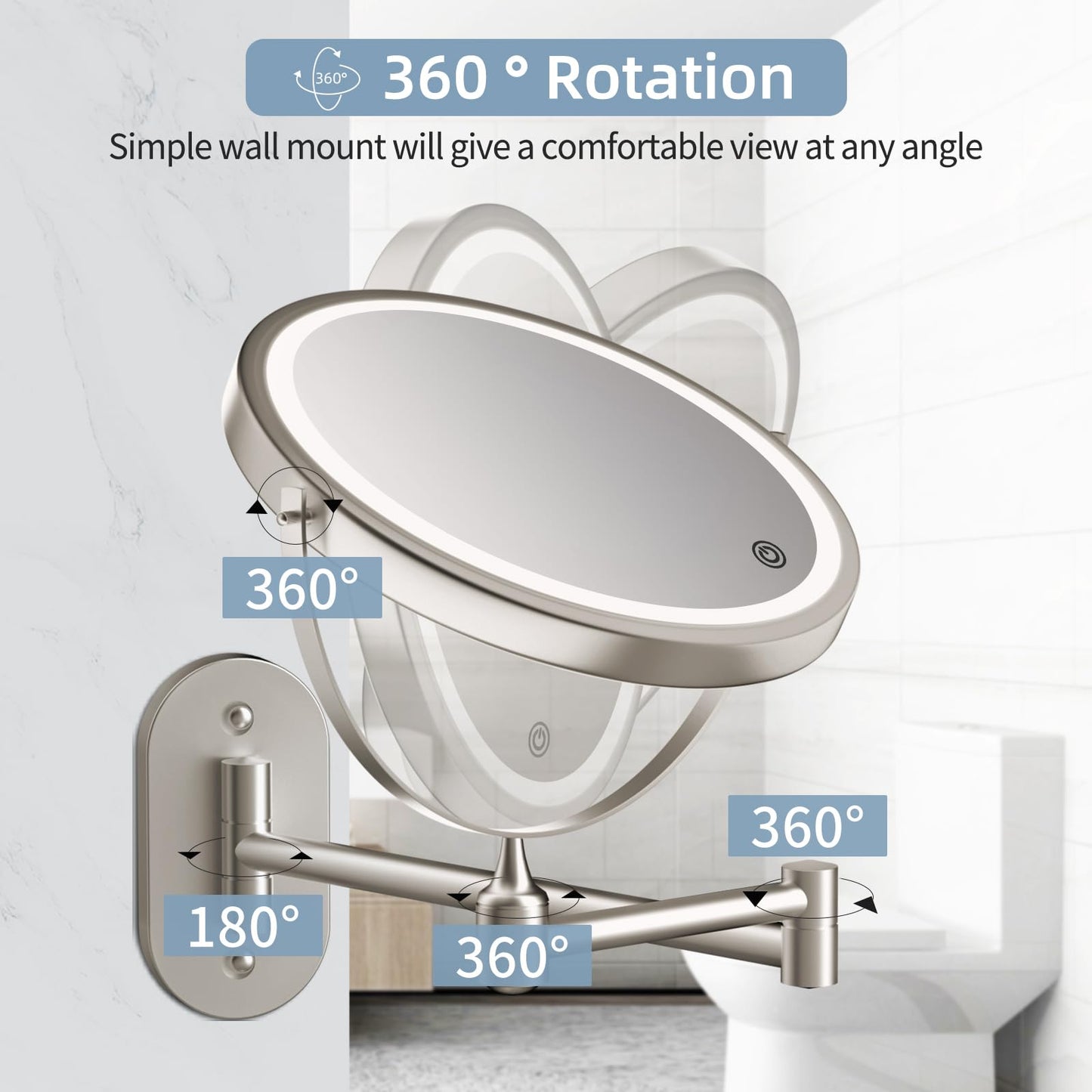 Wall Mounted Makeup Mirror with Lights - 8 Inch Rechargeable Vanity Mirror, 1X/20X Magnifying Dual-Sided, 3 Color Dimmable LED Lights, 4000mAh Battery, Brushed Nickel Finish for Bathroom & Bedroom