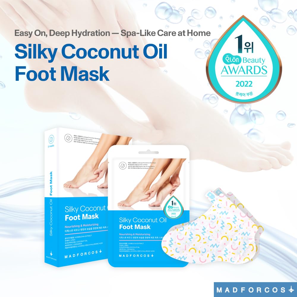 MADFORCOS Moisturizing Foot Mask Socks Silky Coconut Oil Booties for Dry, Cracked Feet & Heels | 5 Pairs