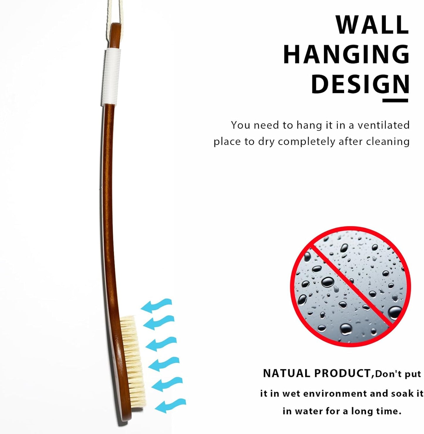 Natural Boar Bristle Bath Brush - Extra Long Anti-Slip Handle for Exfoliating | 19.68 Inch Shower Scrubber with Pumice Stone