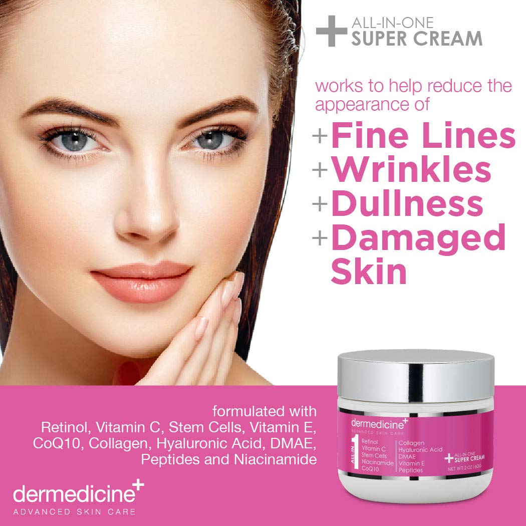 All In One Super Anti-Aging Cream for Face with Retinol, Vitamin C, Stem Cells, Vitamin E, CoQ10, Collagen, Hyaluronic Acid, DMAE, Peptides, Niacinamide for More Youthful Looking Skin 2oz