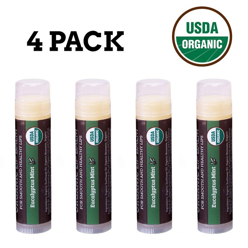Earth's Daughter USDA Organic Lip Balm 4-Pack Eucalyptus Mint Flavor - Beeswax, Coconut Oil, Vitamin E - Best Lip Repair Chapstick for Dry Cracked Lips.
