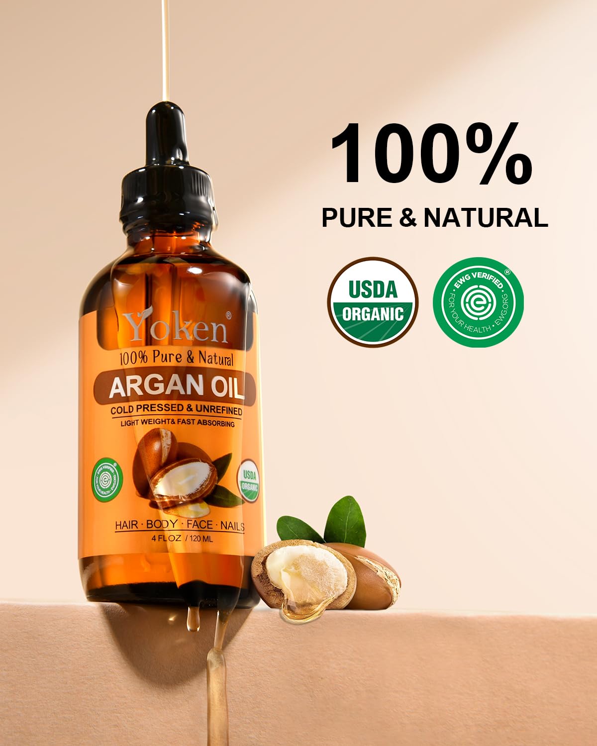 Yoken USDA Argan Oil 4oz, Cold Pressed Oil with Dropper for Hair Scalp Face