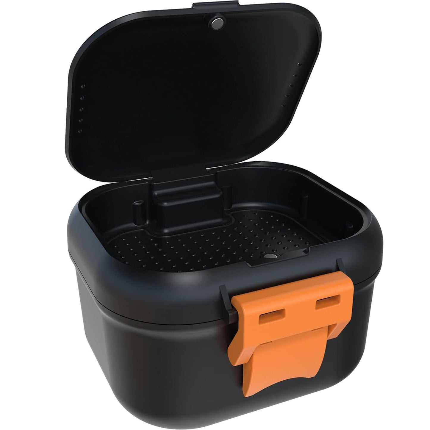 Leak Proof Denture Bath Cup - Portable Soaking Case with Strainer | Upgraded Storage Compartment (Black & Orange)
