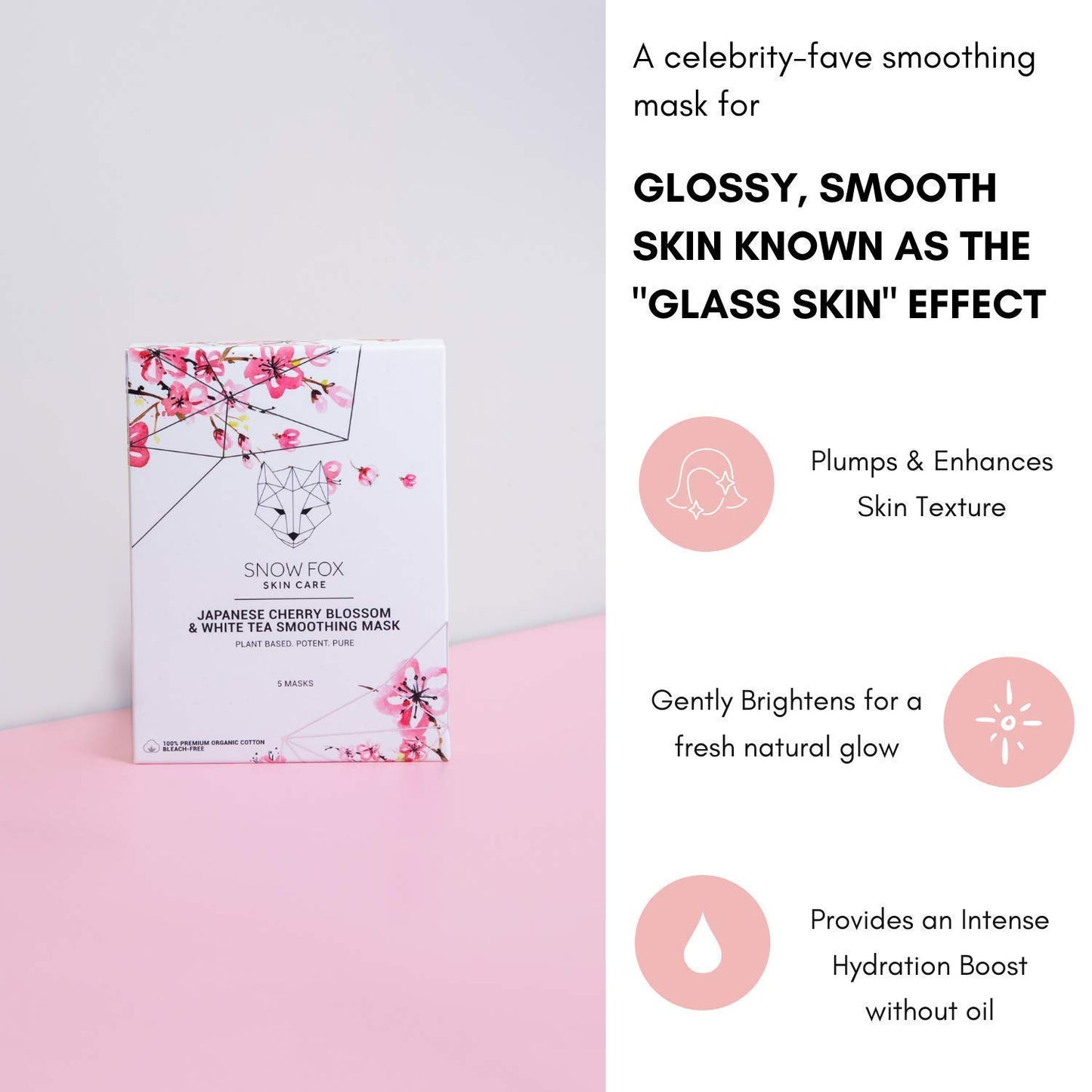 Snow Fox Japanese Cherry Blossom & White Tea Smoothing Sheet Mask – Hydrating Face Mask for Glass Skin Glow & Bridal Makeup Prep – Moisturizing Facial Skin Care for all Types – 5 Pack