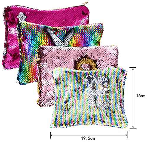 Tatuo 4 Pcs Sequin Makeup Bag Glitter Sequin Purse Rainbow Iridescent Make up Bag Small Reversible Cosmetics Pouch for Women Teacher Graduation Gifts Party Favors