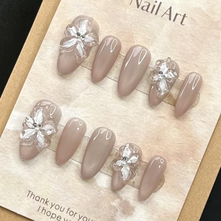 3D Sea Shell Press-On Nails - Handmade Medium Almond Beach Nail Art with Butterflies (L Size)