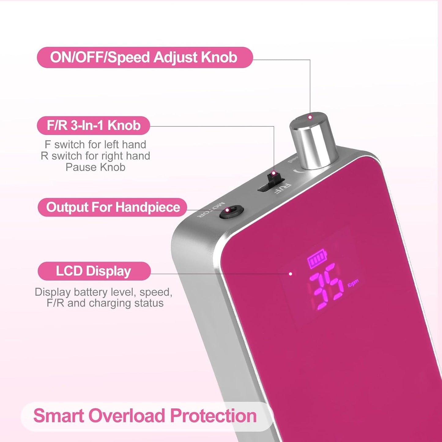 Professional Portable Nail Drill - 2-in-1 Rechargeable Electric E-File for Acrylic Gel Nails | 35000RPM, Quieter Coreless Motor