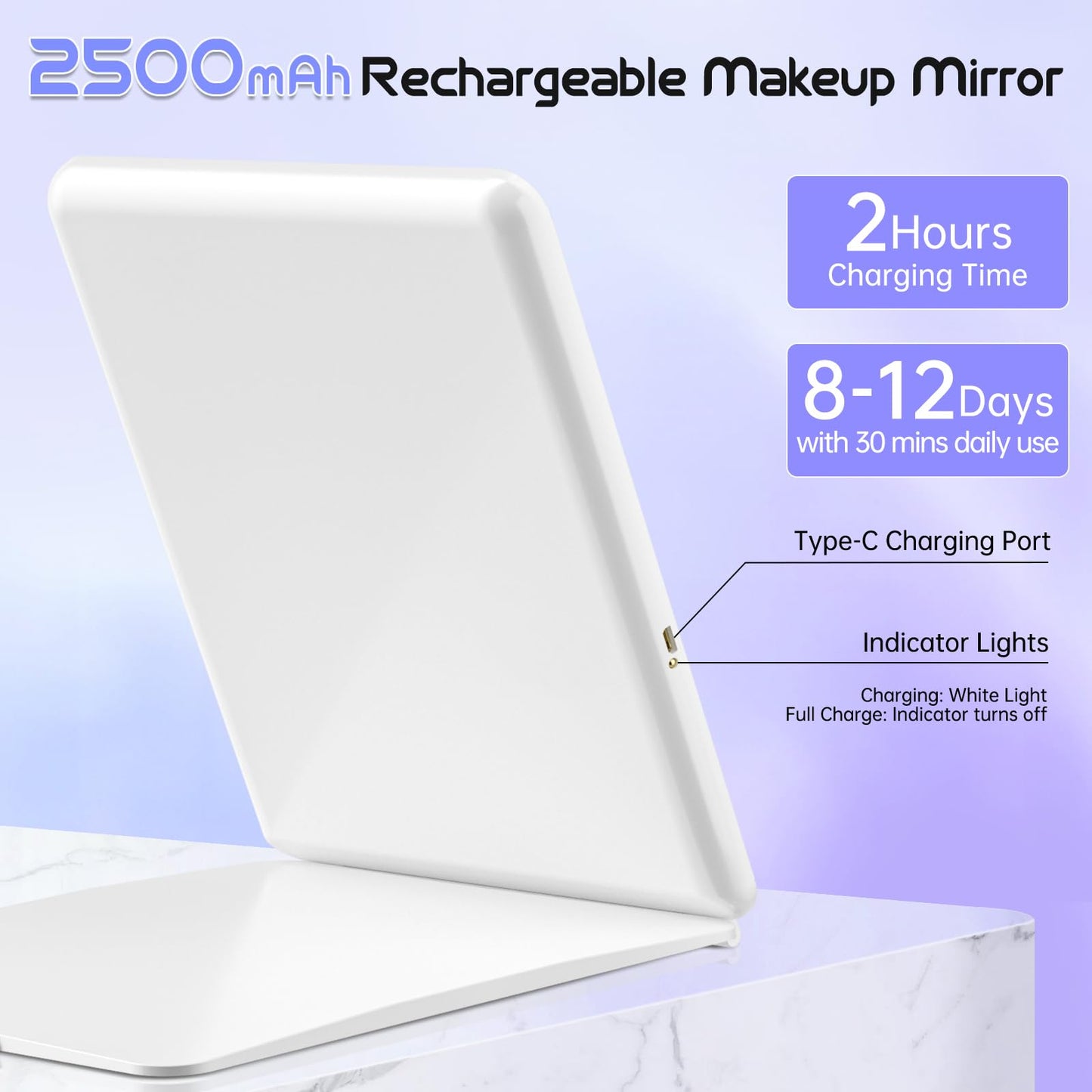 FUNTOUCH Large Rechargeable Travel Makeup Mirror with Light, 2500mAh Portable Makeup Mirror with 10X Magnifying Mirror 3 Lighting Modes, Dimmable Touch, Tabletop Folding Travel Mirror with Storage Bag