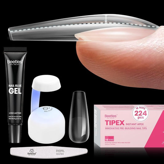 Beetles Tipex Instant Apex Nail Tips Kit,Long Coffin, 224PCS 16 Sizes, Reinforced Apex for Strong Long-Lasting Wear, 20g Solid Nail Glue, Mini UV Lamp