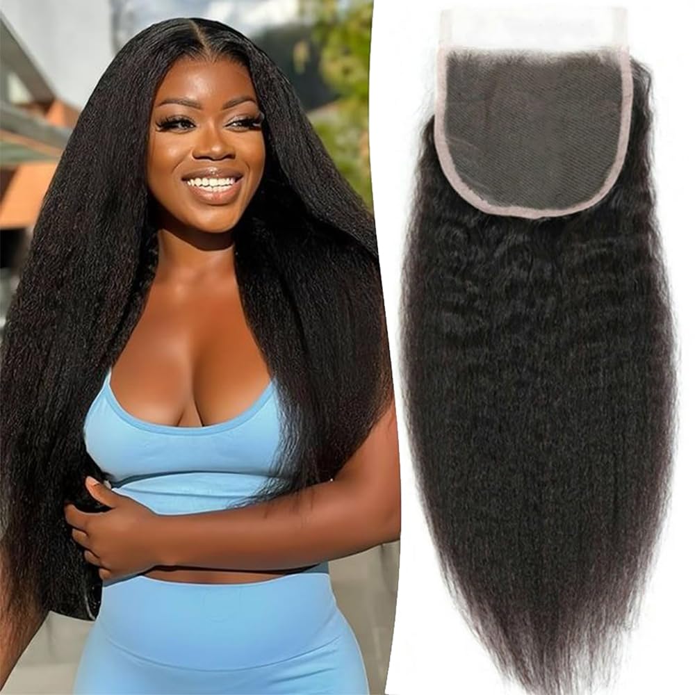 QTHAIR 18A Kinky Straight 4x4 HD Lace Closure 16" Curly Human Hair Lace Closure150% Density Top Swiss Lace Natural Kinky Straight Human Hair Closure Pre Plucked Natural Hairline with Baby Hair