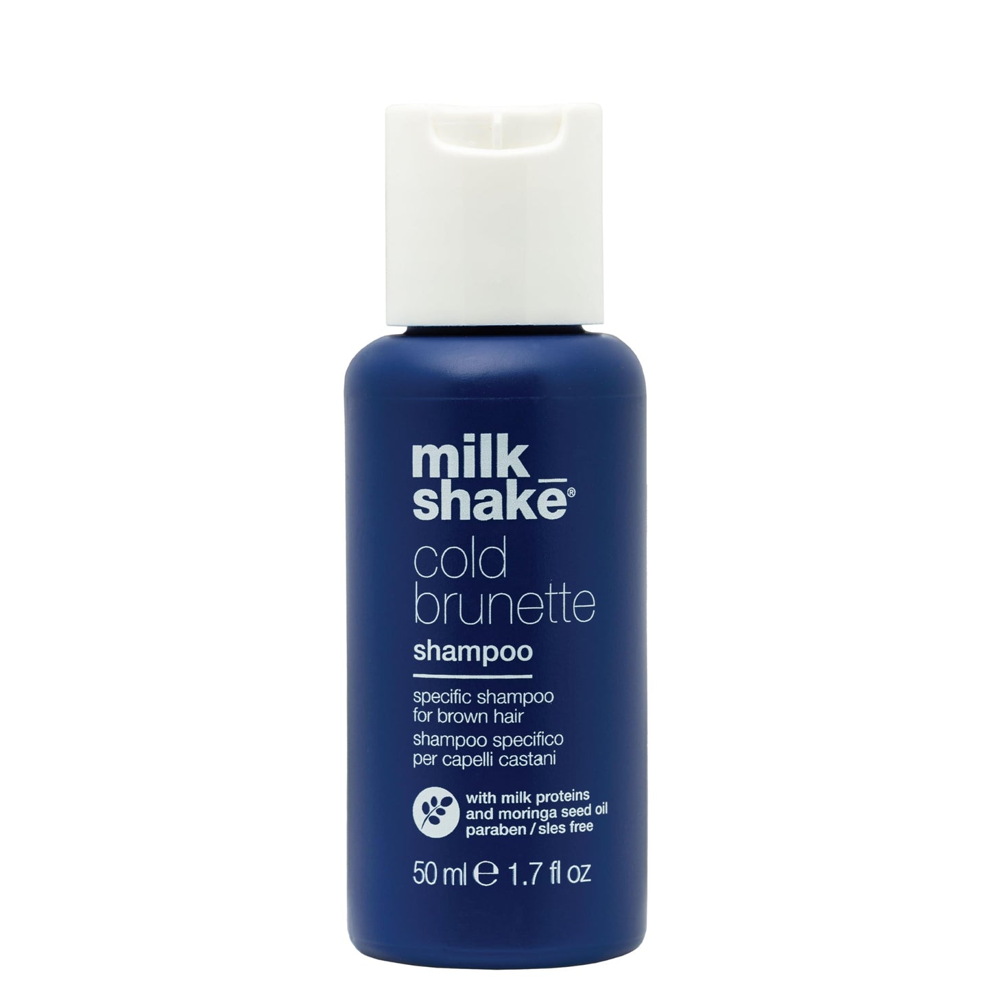 milk_shake cold brunette shampoo | toning shampoo with blue pigment to neutralize orange and red in brunette hair | strengthens, boosts shine, and extends color | SLS/SLES-free
