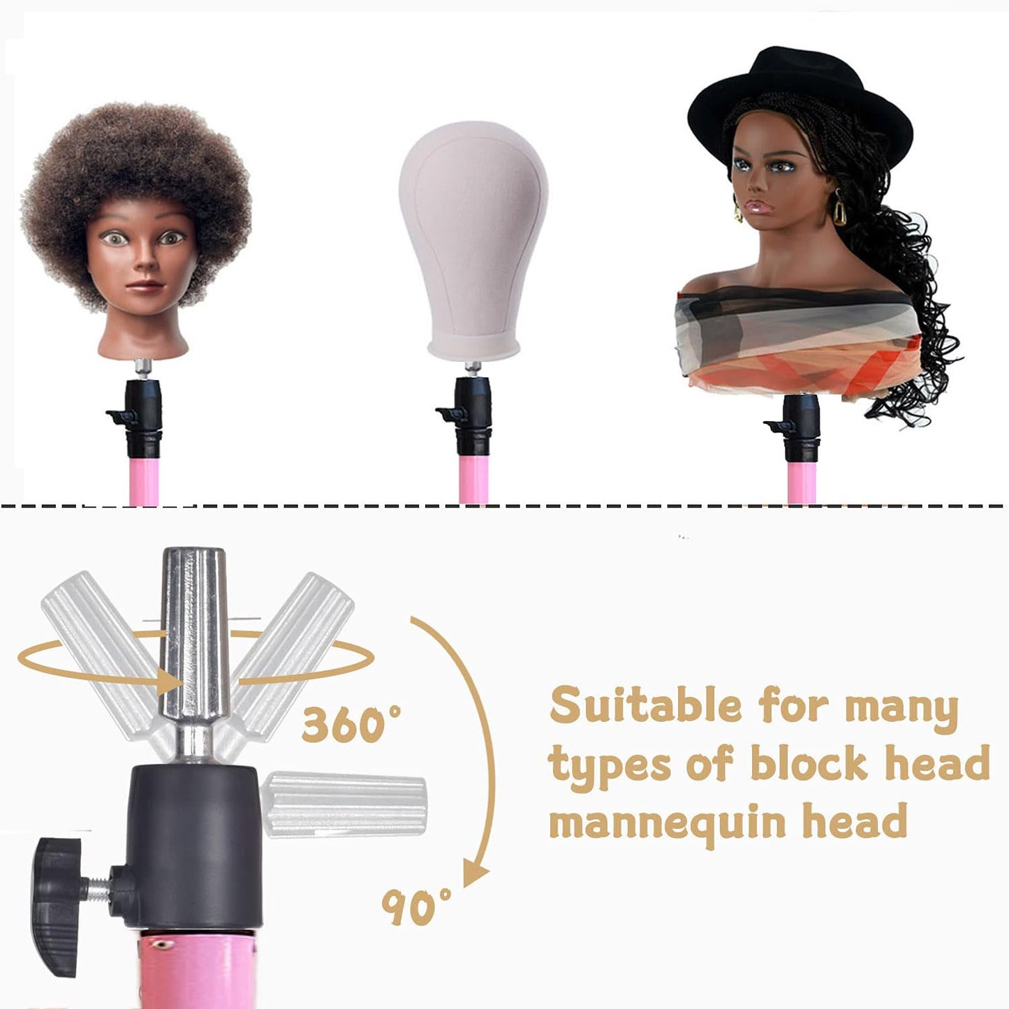 Heavy Duty Head Stand, Reinforced Mannequin Head Stand Tripod, Pink Wig Stand Tripod,Wig Stand for Styling, Adjustable Holder For Wig Making Display (55 inch with pedal)