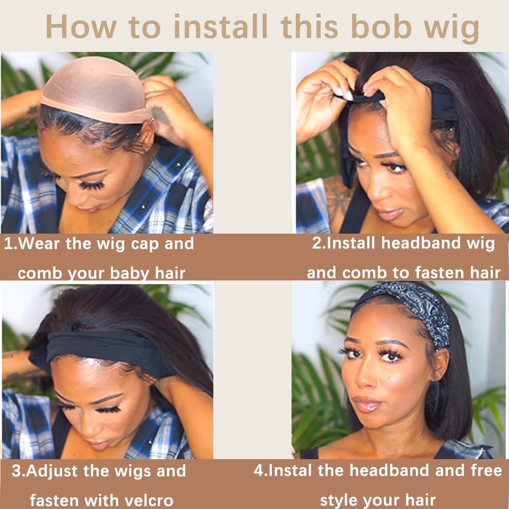 Comfair Headband Wig Human Hair Bob Short Straight Human Hair Headband Wig Wear And Go Glueless Wigs 180% Density None Lace Natural Color Bob Short Human Hair Wigs for Black Women(14 inch)