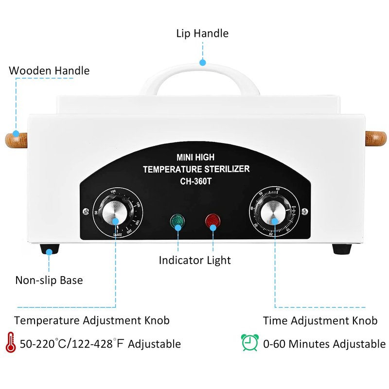 High-Temperature Metal Tool Cleaning Box - 1.5L Dry Heat Sterilizer for Nail & Tattoo Equipment | Adjustable Temp & Time (White)