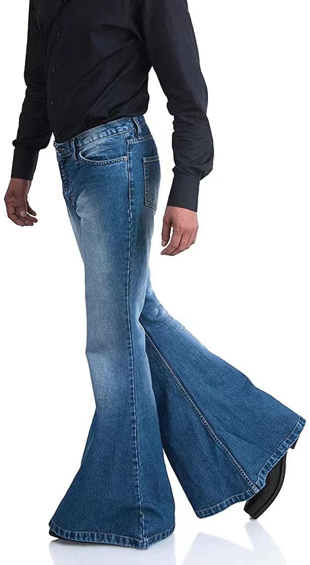 Men's Relaxed Vintage 60s 70s Bell Bottom Stretch Fit Classic Comfort Flared Flares Retro Leg Disco Denim Jeans Pants (Bu, Small)