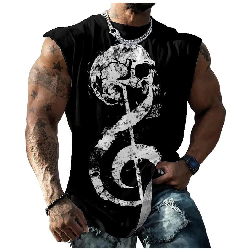 Graphic Tees for Men Novelty Workout Shirts Soft Collarless Loose Athletic Tees Big Breathable Skull Black,2XL