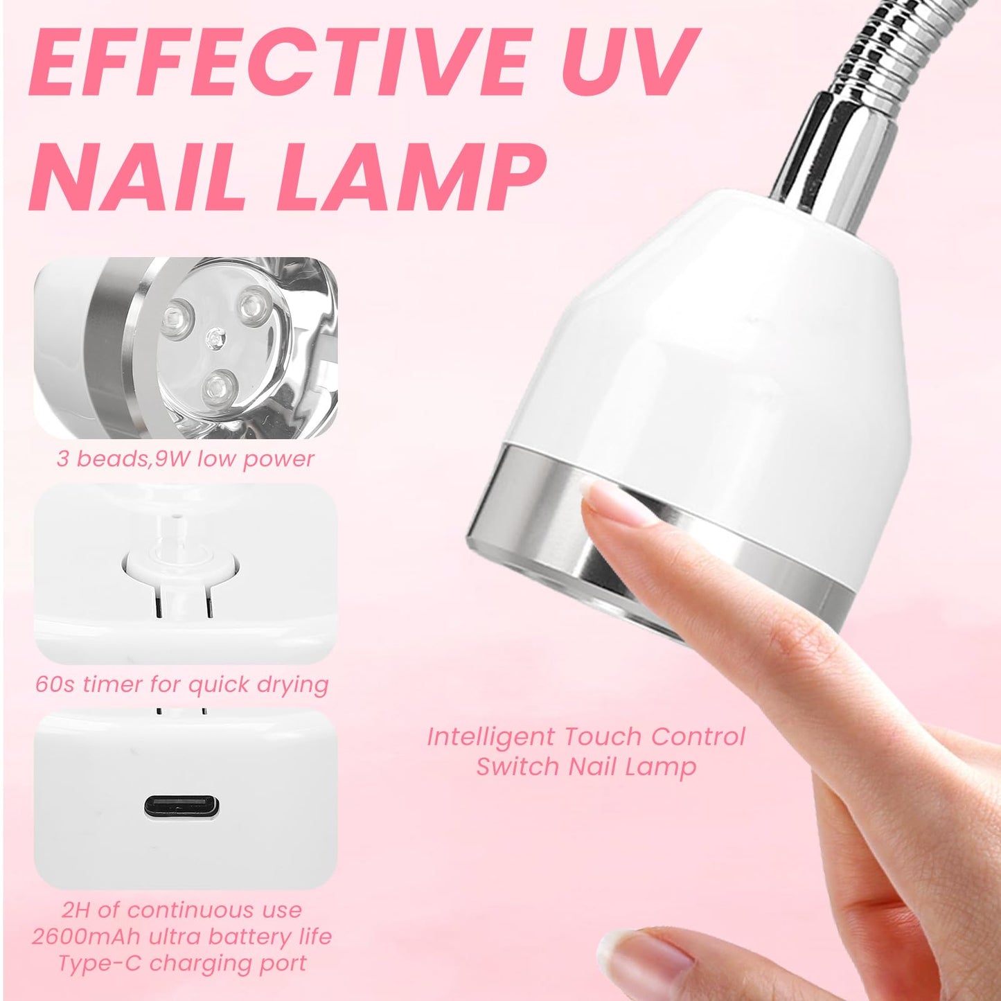 Touch Switch Gel x Lamp, 9W Cordless Flash Cure Lamp with 60s Timer